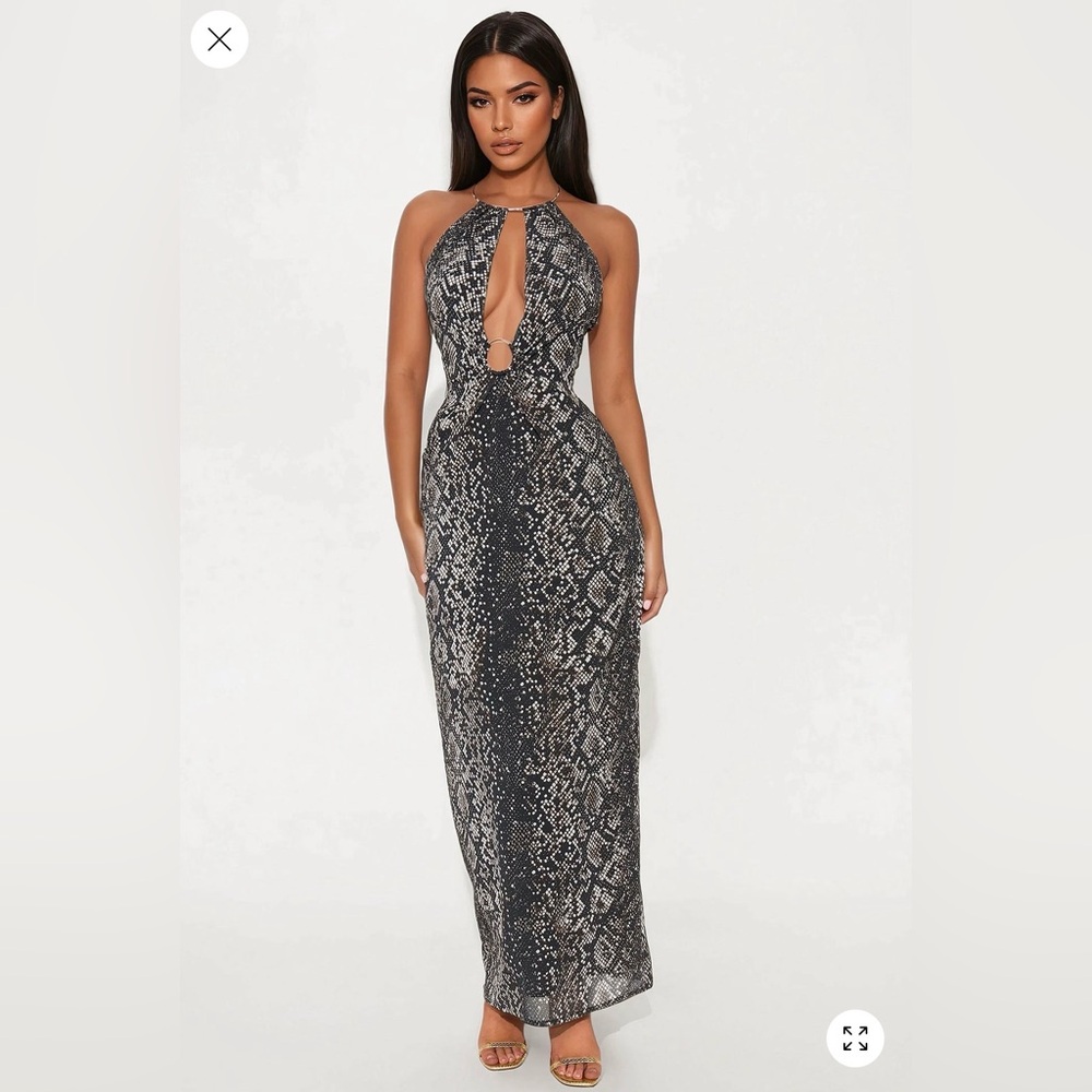Halterneck Snake-Print Cutout Maxi Dress - Black/White/Brown